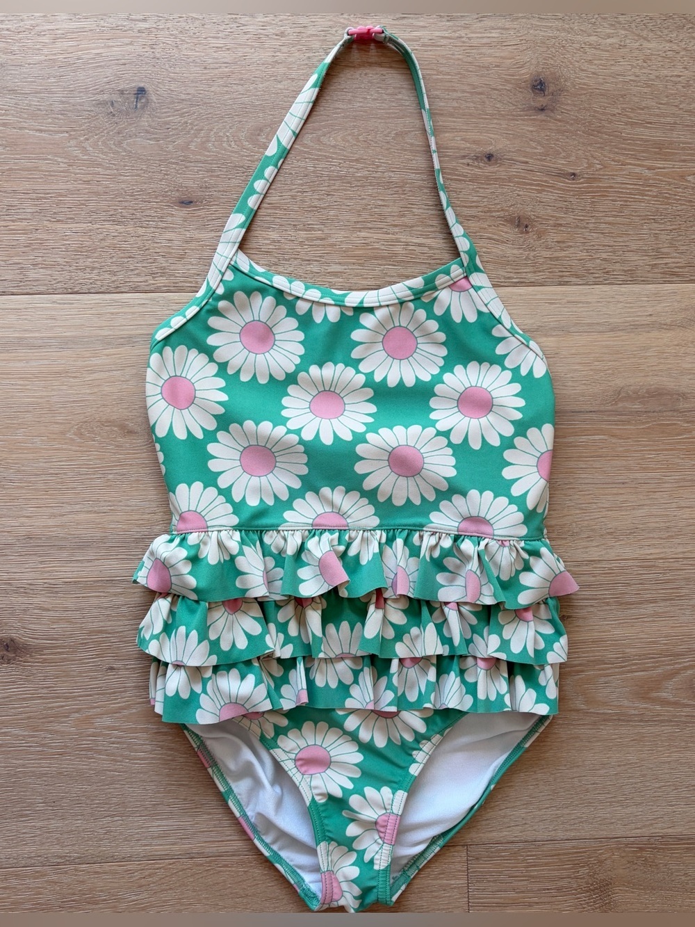 Mini Boden Girls Daisy Ruffle One Piece Swimsuit Green Pink Floral Size 9-10Y*T2